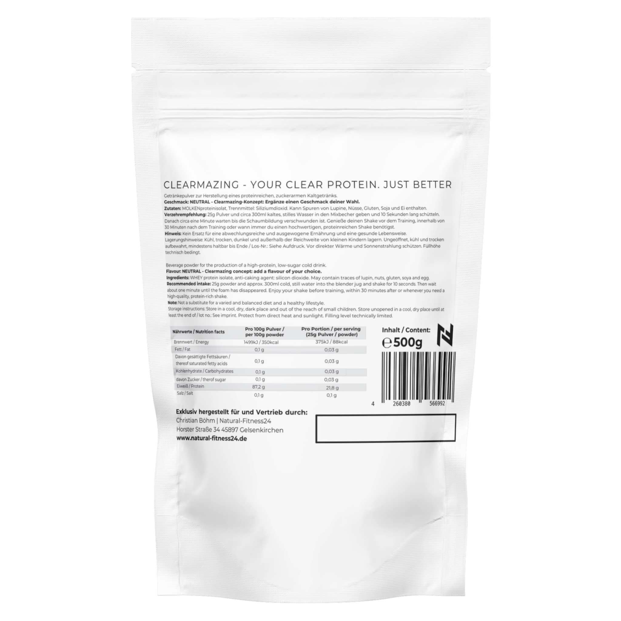 Clearmazing Clear Whey Protein Isolat – 500g | 87% Eiweißgehalt, Ohne Aroma & Süßungsmittel